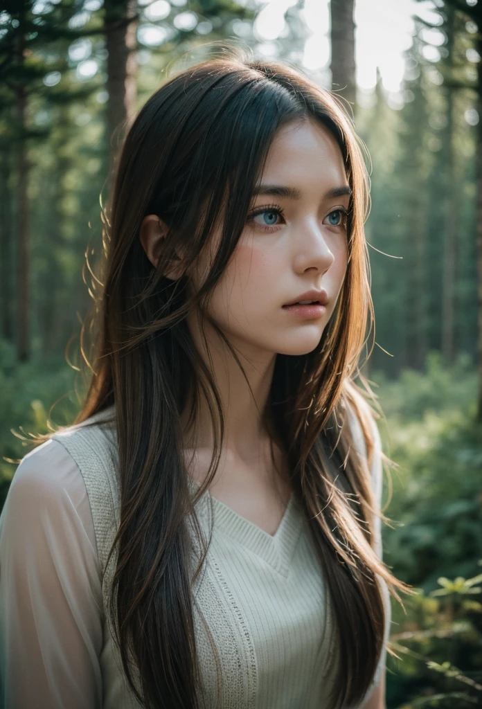 muted color, upper body, portrait of beautiful women, forest, looking over spruce forest, moody portrait, striking features, beauty, intricate details, dramatic composition, tension, wispy wide hair, blue eyes, contrast, texture, realism, high-quality rendering, stunning art, high quality, film grain, Fujifilm XT3, detailed skin, (freckled,acne:0.6)