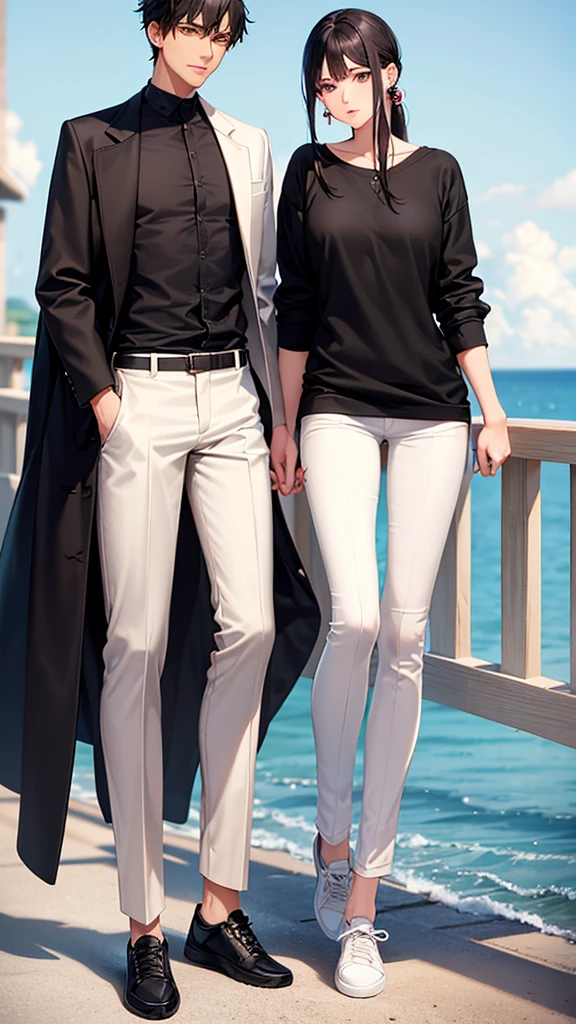 Her stands a handsome man with natural black hair, gray eyes, thin lips, small gold earrings, a black collarless shirt, white slim-fit pants, and sneakers. They are in a high-definition, fantastical love romance scene with natural light, a shining moon reflecting off the sea surface.