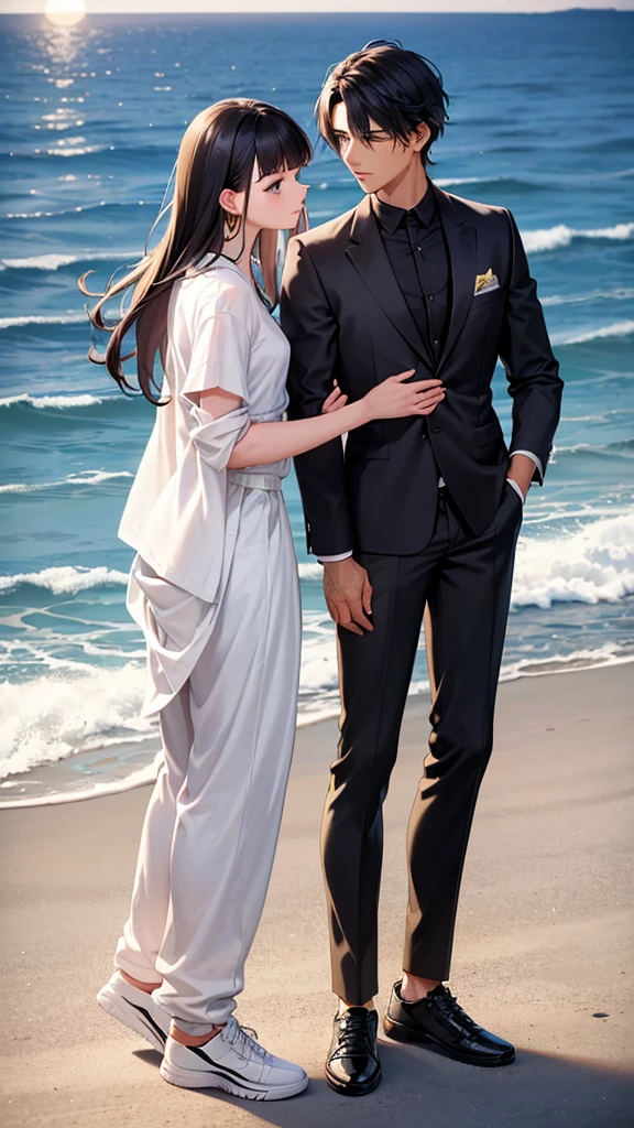 Her stands a handsome man with natural black hair, gray eyes, thin lips, small gold earrings, a black collarless shirt, white slim-fit pants, and sneakers. They are in a high-definition, fantastical love romance scene with natural light, a shining moon reflecting off the sea surface.