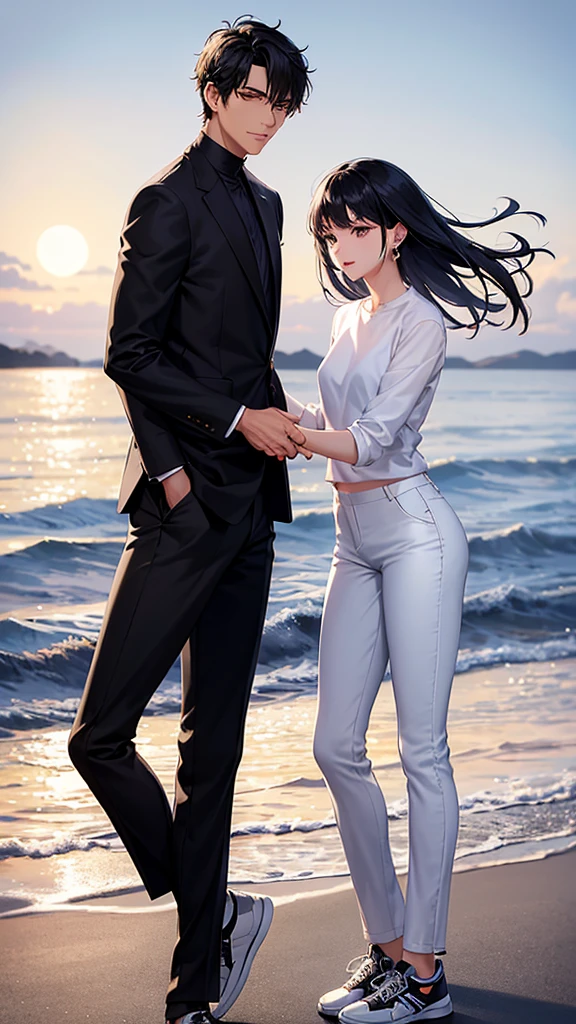 Her stands a handsome man with natural black hair, gray eyes, thin lips, small gold earrings, a black collarless shirt, white slim-fit pants, and sneakers. They are in a high-definition, fantastical love romance scene with natural light, a shining moon reflecting off the sea surface.