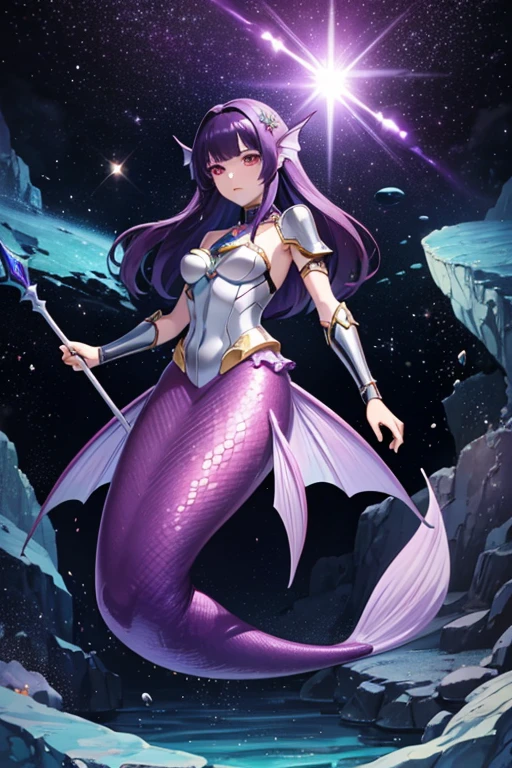 Anime Art、Full body portrait、SE Space Mermaid、Under the sea、A crazy mermaid woman, about 180cm tall, about 32 years old, wearing black armor and holding a spear in one hand.、Haughty expression、Hairstyle is long straight、Purple Hair、Purple scales、Black arm guards、Black shoulder armor、Red Eyes、Three white eyes