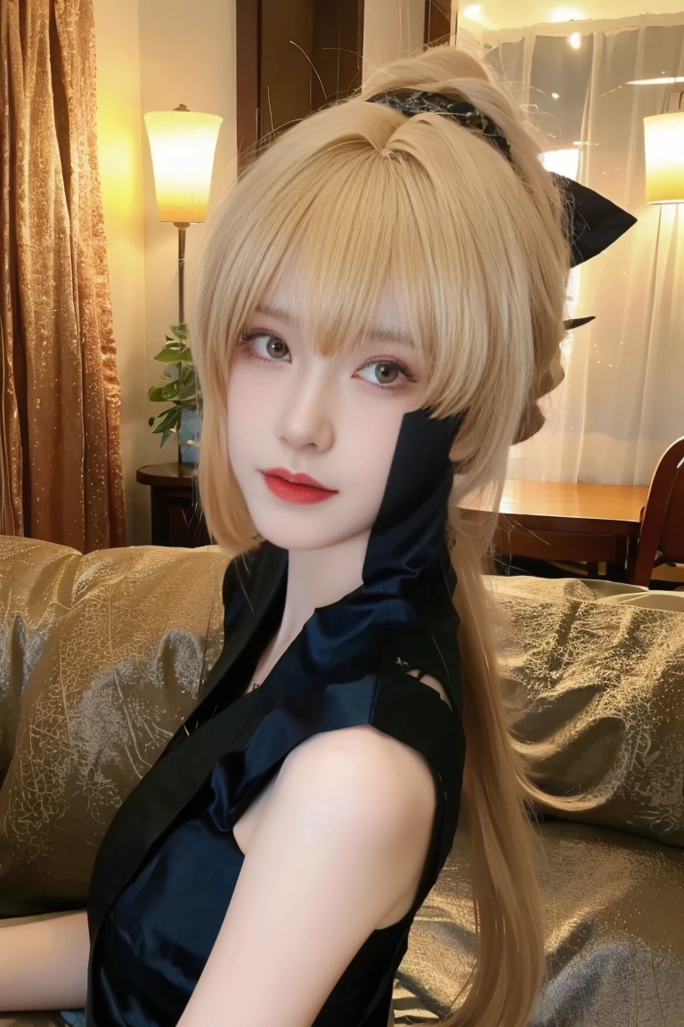  best quality, tmasterpiece,Ultra-high resolution,Clear face,（Reality：1.4），ferpect lighting，(upper body shot), (photorealistic:1.50), anime wallpaper, Guviz style artwork, cover-up fantasy up to magic , by Yang J, Guviz, beautiful artwork illustration, beautiful digital artwork, beautiful digital illustration, Li Song, beautiful anime portrait, art style in Beauvot,1girl, solo, long hair, blonde hair, Ponytail hair, Hair ribbon, Bangs, hair ornament, black dress, short dress, Thigh, standing,