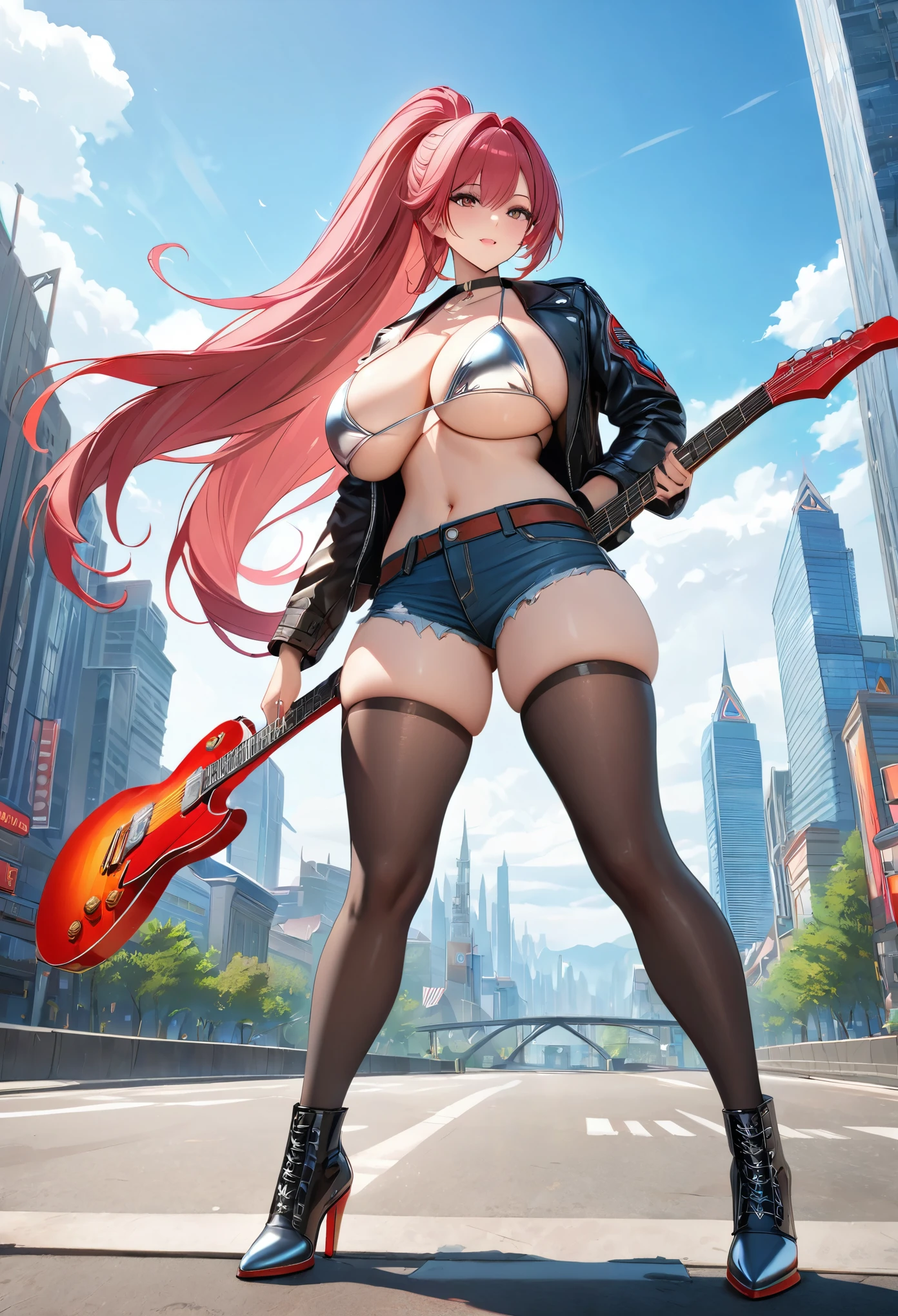 8k,UHD,Top-quality,Ultra high definition 8K illustration wallpaper,Super high resolution,Masterpiece,Intricately detailed,Blurry background,Depth of field,Tonemapping,Sharp focus,Trending on Artstation,Looking at viewer,Full body,Cool girl,1girl,Solo,Gigantic breasts,Pink red hair,Very long ponytail,Black eyes,Sharp eyes,Black leather jacket,Denim shorts,Black thighhighs,Open clothes,Silver bikini,Mechanical Boots,Guitar,Outdoors,City
