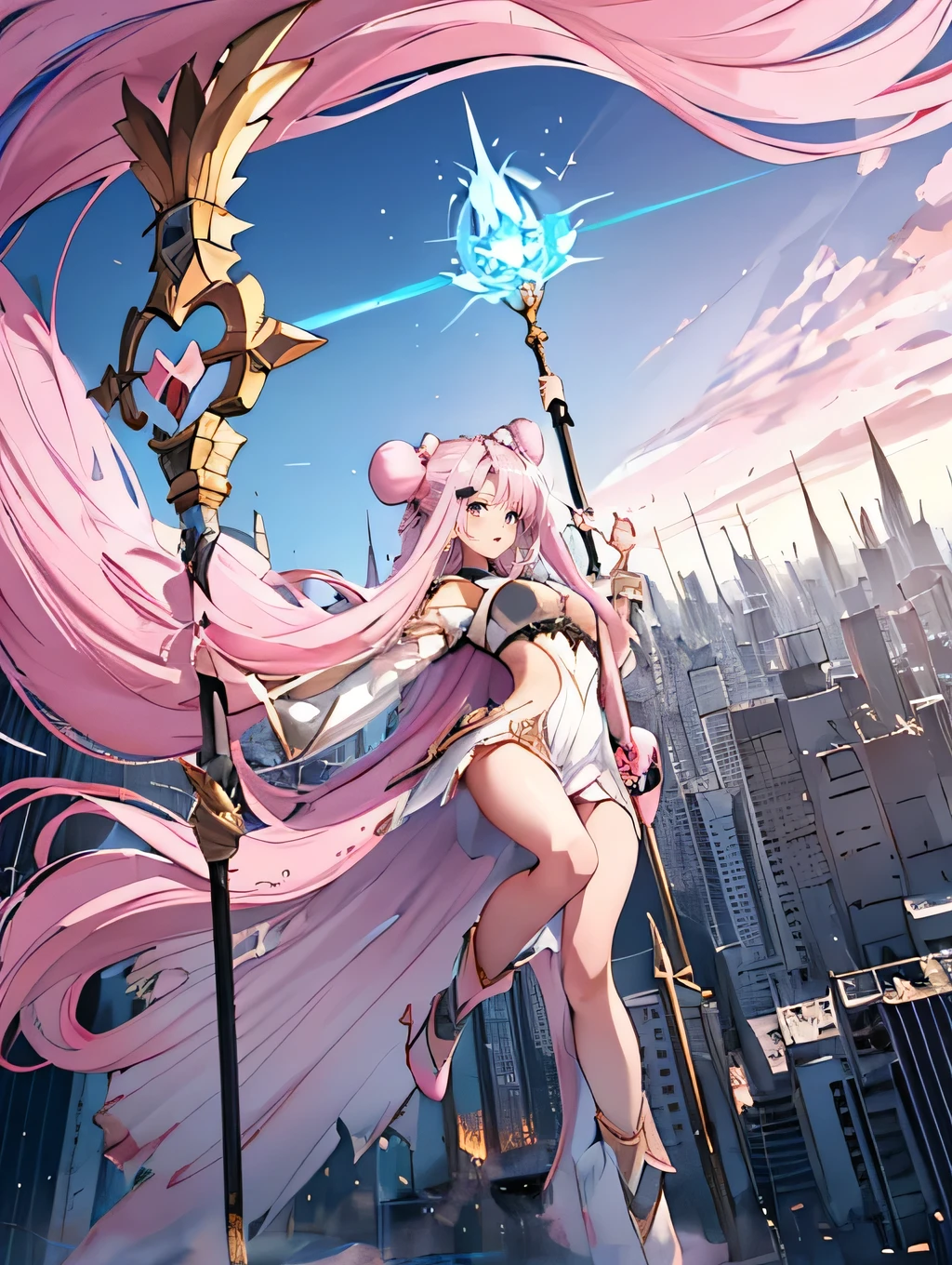 (((Destroyed city))), (((A giant goddess 100 meters high floats))), (((Light radiates from the entire body))), (((Lost Students, The Last Judgment, Blue Flame))), arms,(((Aerial angle from below))), Braiding, (((Hello, Giant Staff of God))),masterpiece, Highest quality, High resolution, {Detailed and beautiful eyes}, finely, Detailed and beautiful eyes,1 Girl, (alone:1.5), (Hair Ribbon:0.4),(((Pink Eyes))),Cinematic Angles,perspective,(((White bun hair))),(((Long pink hair))),whole body,