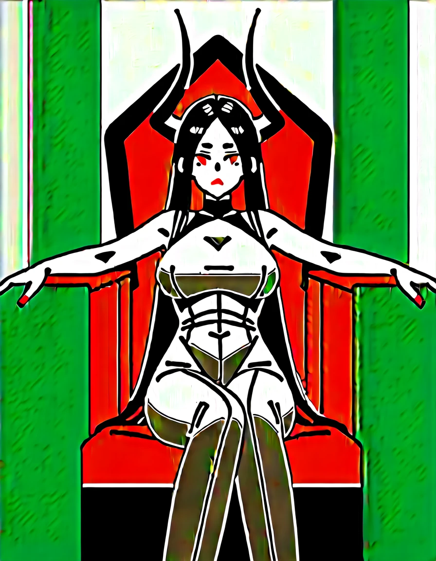 masterpiece, Score_9, Score_8_up, Score_7_up, front view, 1 woman, alone, black hair with red, long hair, parted bangs, dark red eyes, half-closed eyes, parted lips, expressionless, pale skin, large breasts, body suit, black bottom, best quality, horns up, long open bangs, black sleeveless shirt, black V-neck, red baggy pants, high heels, Sitting on a throne.