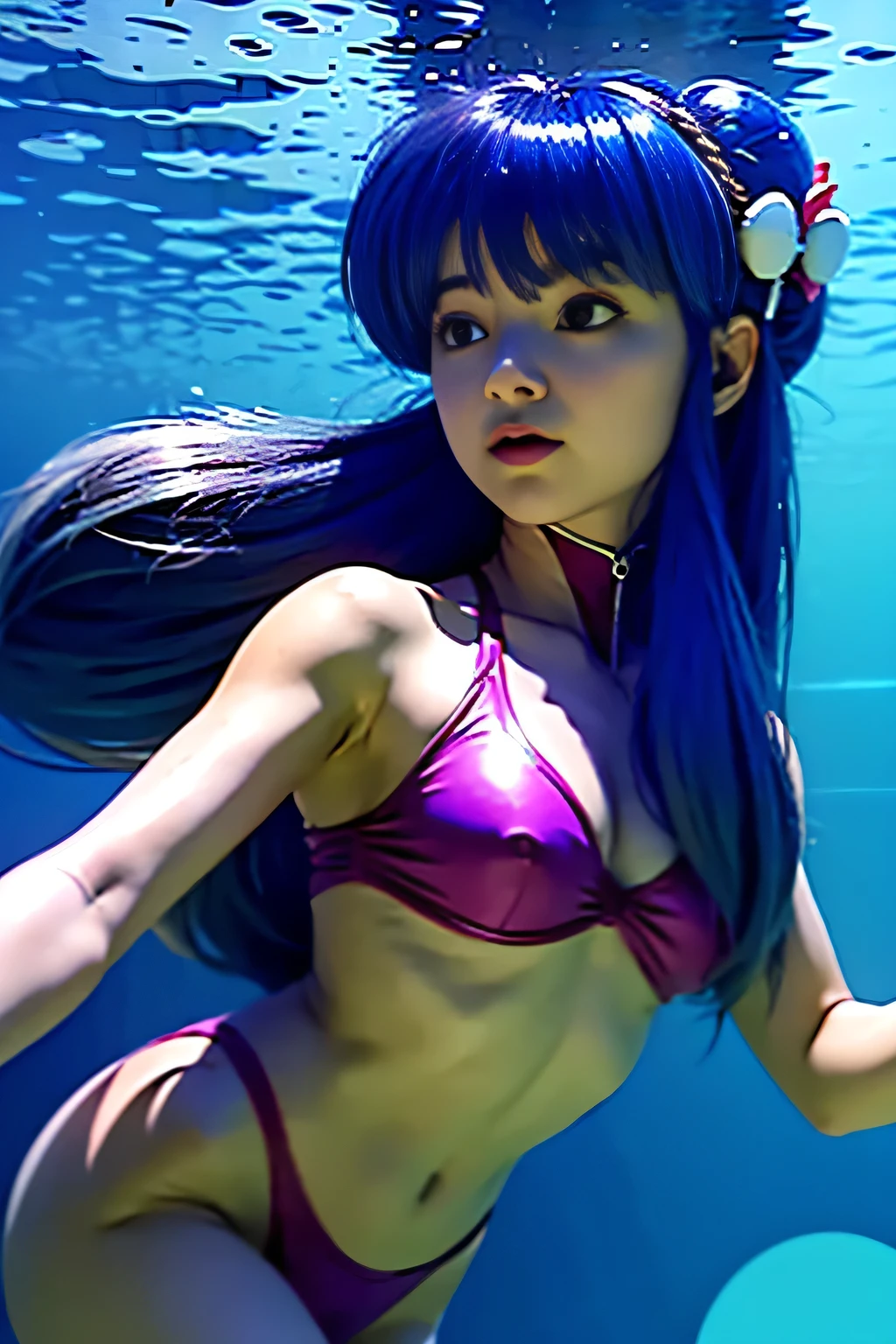pretty girl floating underwater. pelo largo, 20 years, shanpuuranma