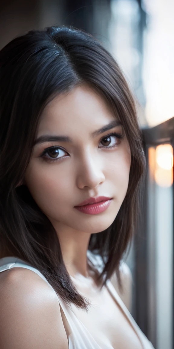 Hyper realistic super detailed sexy woman, eupore women, very detailed, expressions faciales sexy, seductive facial expressions, [:(Face detail: 1.4): 0.4], 16K resolution, 4k resolution, (Ventre plat parfait), (image couleur), ((Best Quality, 8K, Masterpiece: 1.3)), Selfie, Sharp Focus: 1.2, Cute Beauty with Perfect Figure: 1.4, Slim small Breasts: 1.2, ((Brown Black, Big Breasts: 1.2)) , (Small transparent dress, off-white, semi-nude, highly fine breasts, happy and shy expression, Standing: 1.2), ((Night view of the rainy city, simple balcony: 1.3, made with a female main focus)), highly detailed face and skin texture, detailed eyes, double eyelids, long eyelashes, clothing high quality, full body, looking at viewer, masterpiece, best quality, highly detailed, desire, blush, (Beautiful and detailed eyes description), (beautiful and detailed face), Perfect female body, (Best Quality), (ultra-detailed), (master piece), (hight resolution), (Original), (the Extremely Detailed CG Unity 8K Wallpapers).