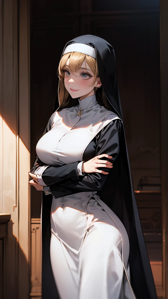 (Ultra-high resolution, 8k RAW photos, Photo Real, Thin contours), (Cinema Lighting, Fabric Shading), (Nun's hijab with gold accessories:1.3, Gold cross ornament), (Huge breasts, Saggy breasts, big , Cleavage), One girl, ((Mature Woman, Mature Woman:1.2)), 20-year-old, (Chest curtain:1.3, Long tight skirt with side slits), Mature saint praying at the altar of the church, Spread your arms wide:1.3, Kneel, Full Body Lesbian, Wearing religious uniform, blush, In the heat, smile, Embarrassed, Looking at the audience, Blonde, At night, Clothes that show your body lines, (Dynamic Angle, breast focus, From above, Centered Images), spiritual,