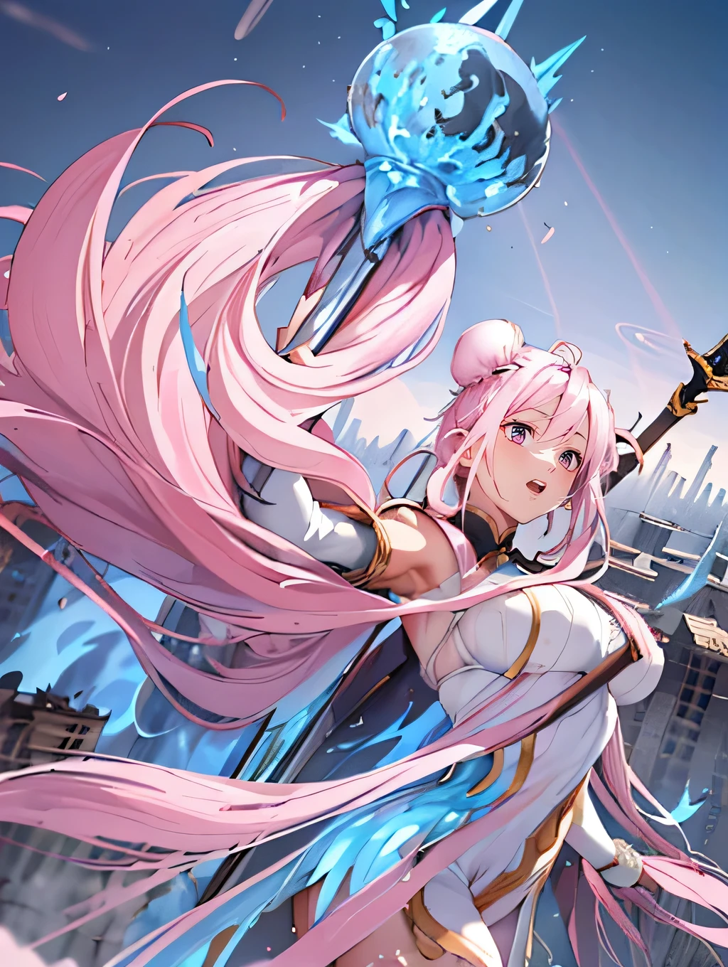 (((Destroyed city))), (((A giant goddess 100 meters high floats))), (((Light radiates from the entire body))), (((Lost Students, The Last Judgment, Blue Flame))), arms,(((Aerial angle from below))), Braiding, (((Hello, Giant Staff of God))),masterpiece, Highest quality, High resolution, {Detailed and beautiful eyes}, finely, Detailed and beautiful eyes,1 Girl, (alone:1.5), (Hair Ribbon:0.4),(((Pink Eyes))),Cinematic Angles,perspective,(((White bun hair))),(((Long pink hair))),whole body,