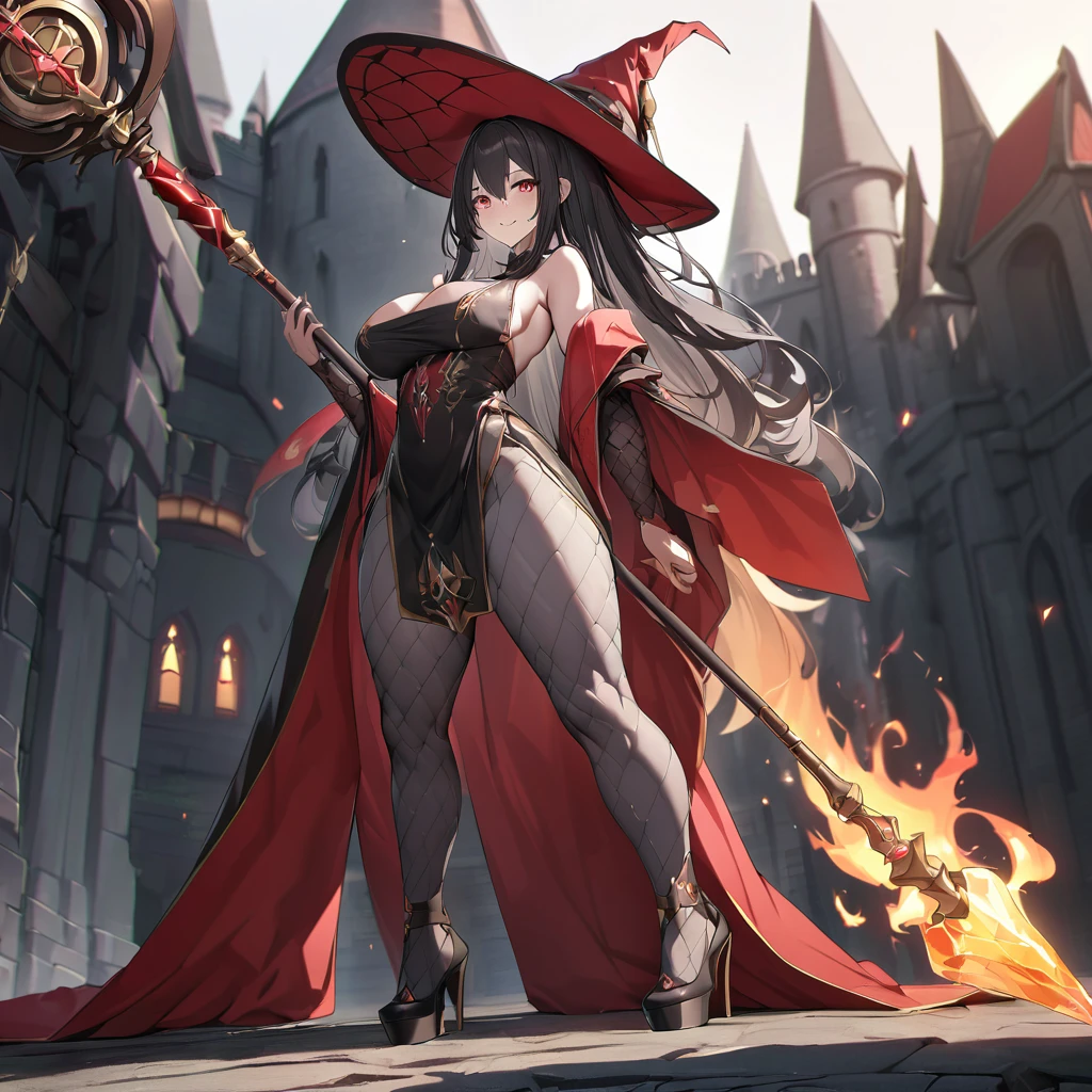 A woman wearing a traditional red witch's tunic with gold details, large breasts, red heels, traditional red witch's hat with gold details, holding a staff with a yellow crystal with fire, black hair, long hair, hair down to the legs,standing, postured, exposed shoulders, body mature, walking on the outside of a black medieval castle, gray platform, sadistic smile, smiling, red eyes, perfect face,UHD , work- prime, precise, anatomically correct, textured skin, super details, high quality, best quality, 8k, high resolution, bokeh effect. (woman solo)