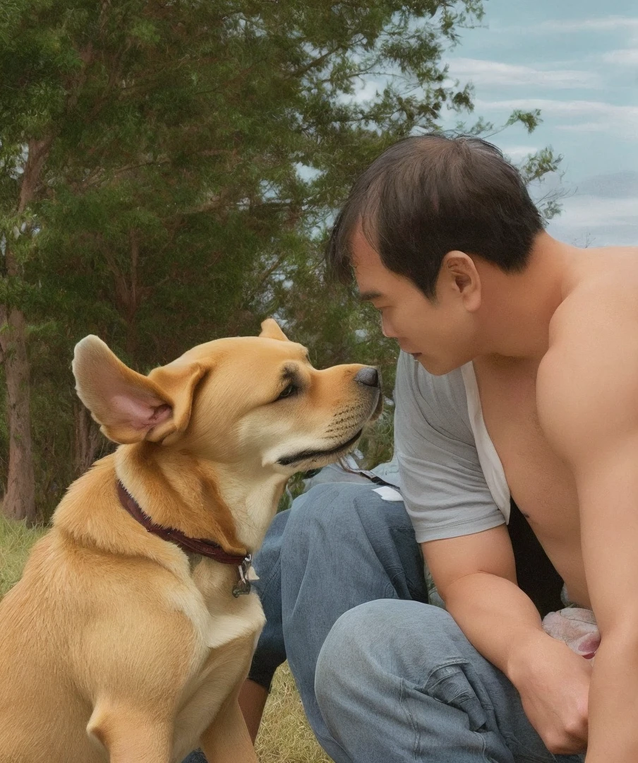 Man and dog facing each other。Labrador Retriever。A dog and a man are sitting side by side。Portrait。