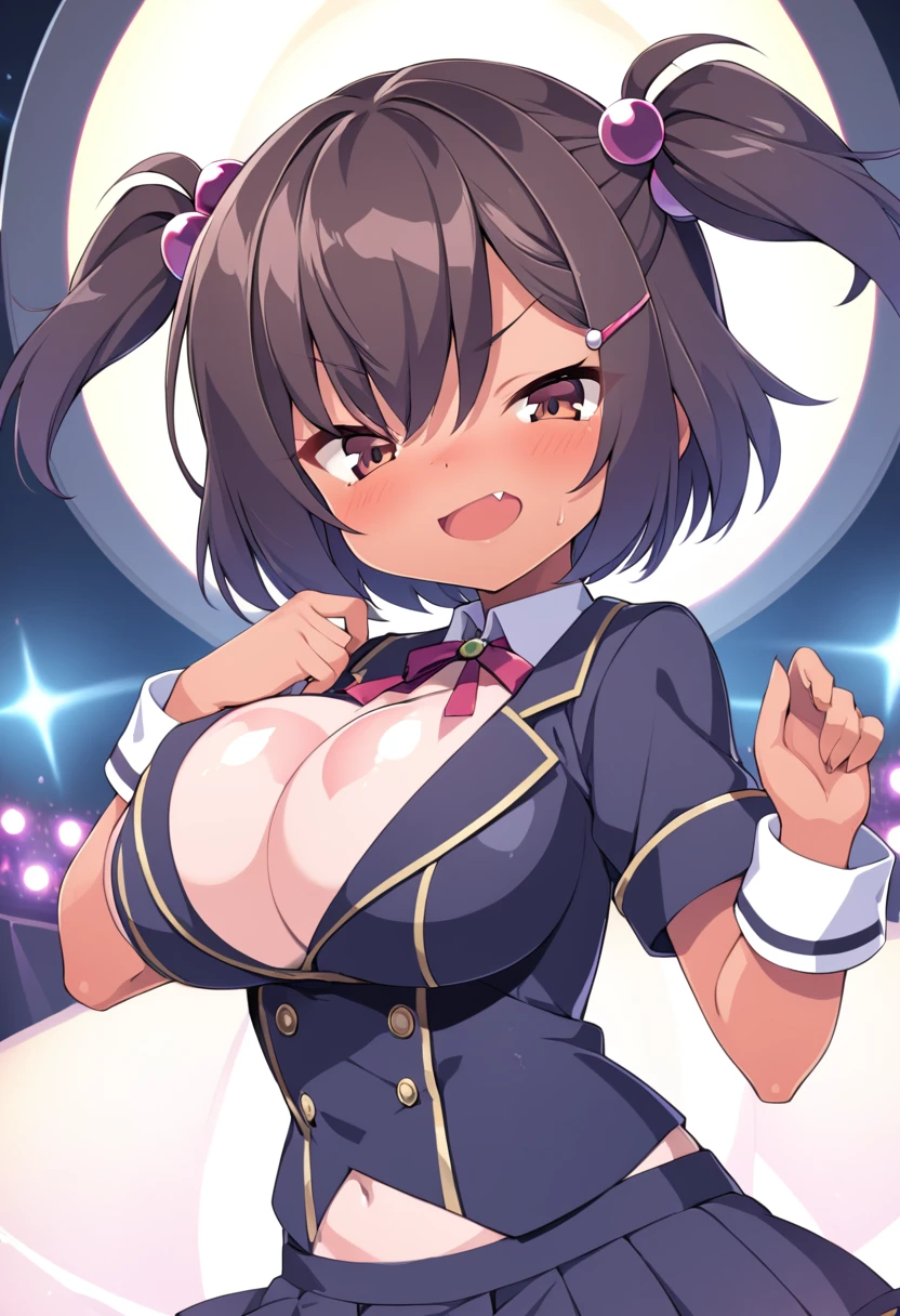 brown eyes, tan, tanlines, one-piece tan, hair ornament, brown hair, hair ornament, solo, fang, hair bobbles, short hair. two side up,, (large breasts:1.5), live stage, solo, ars old nipple blazer uniform, Blazer skirt　