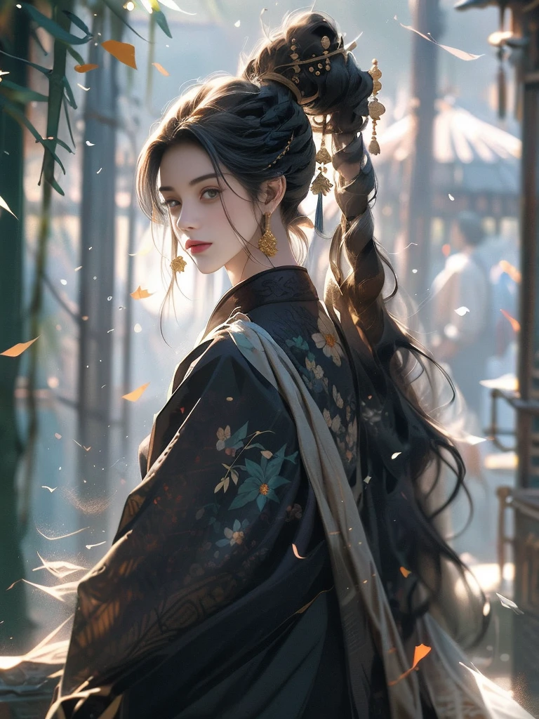 A close-up of a boy in a bamboo forest, long black hair, ponytail, green headdress, carrying a lantern, bamboo leaves falling, hazy smoke, green Hanfu,23 year old boy,1boy,cute 23 year old boy,professional boy photo, photo of boy 23 years old, thin boy,mature beautiful face,fair skin,super scale, 24k,hdr,perfect body boy,blush, holding big folding fan