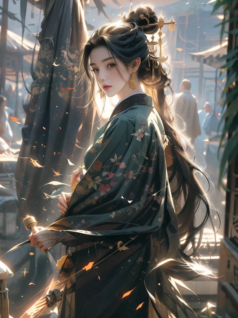 A close-up of a boy in a bamboo forest, long black hair, ponytail, green headdress, carrying a lantern, bamboo leaves falling, hazy smoke, green Hanfu,23 year old boy,1boy,cute 23 year old boy,professional boy photo, photo of boy 23 years old, thin boy,mature beautiful face,fair skin,super scale, 24k,hdr,perfect body boy,blush, holding big folding fan