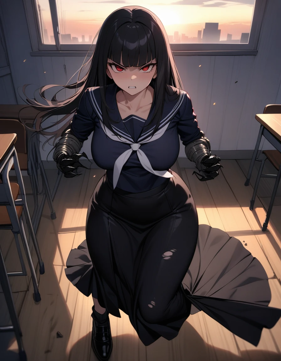 (masterpiece,best quality,very aesthetic),(ultra-detailed),nsfw,(atlach-nacha,degenerate),1girl,20yo,Statuesque,curvy,tall,long hair, black hair,straight hair,(blunt bangs),beautiful red eyes,glaring,raising a war cry,furious,rage,Hate,Abdominal injury,look down on with disdain,black serafuku in winter,long sleeves,(long skirt),white ribbon tie,torn clothes,painful,incoming attack,assaulting,swinging arm down at high speed,classroom,standing,on one knee,dusk sky,leather shoes,The setting sun is shining in the classroom,debris,(black Claws with arms fused like spider arm:1.3),solo,looking at viewer,POV