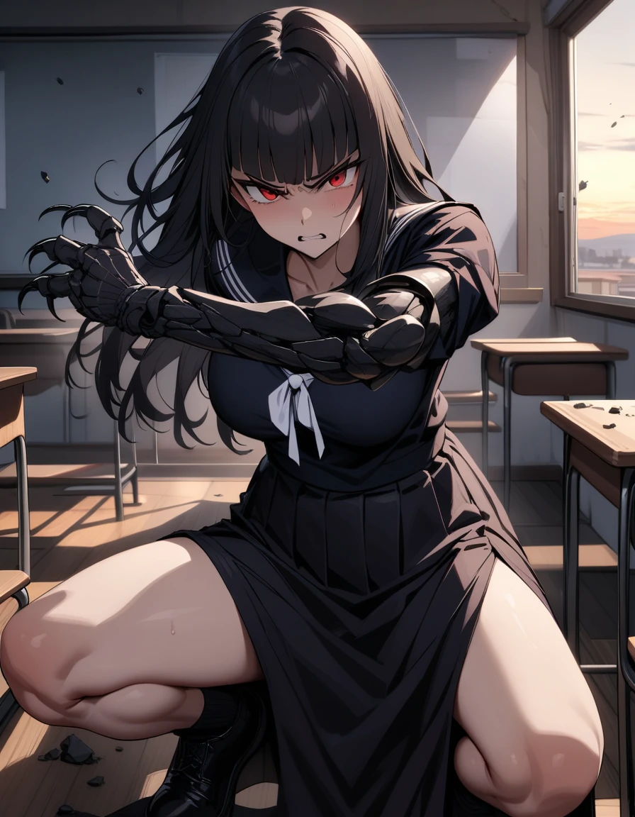 (masterpiece,best quality,very aesthetic),(ultra-detailed),nsfw,(atlach-nacha,degenerate),1girl,20yo,Statuesque,curvy,tall,long hair, black hair,straight hair,(blunt bangs),beautiful red eyes,glaring,raising a war cry,furious,rage,Hate,Abdominal injury,look down on with disdain,black serafuku in winter,long sleeves,(long skirt),white ribbon tie,torn clothes,painful,incoming attack,assaulting,swinging arm down at high speed,classroom,standing,on one knee,dusk sky,leather shoes,The setting sun is shining in the classroom,debris,(black Claws with arms fused like spider arm:1.3),solo,looking at viewer,POV