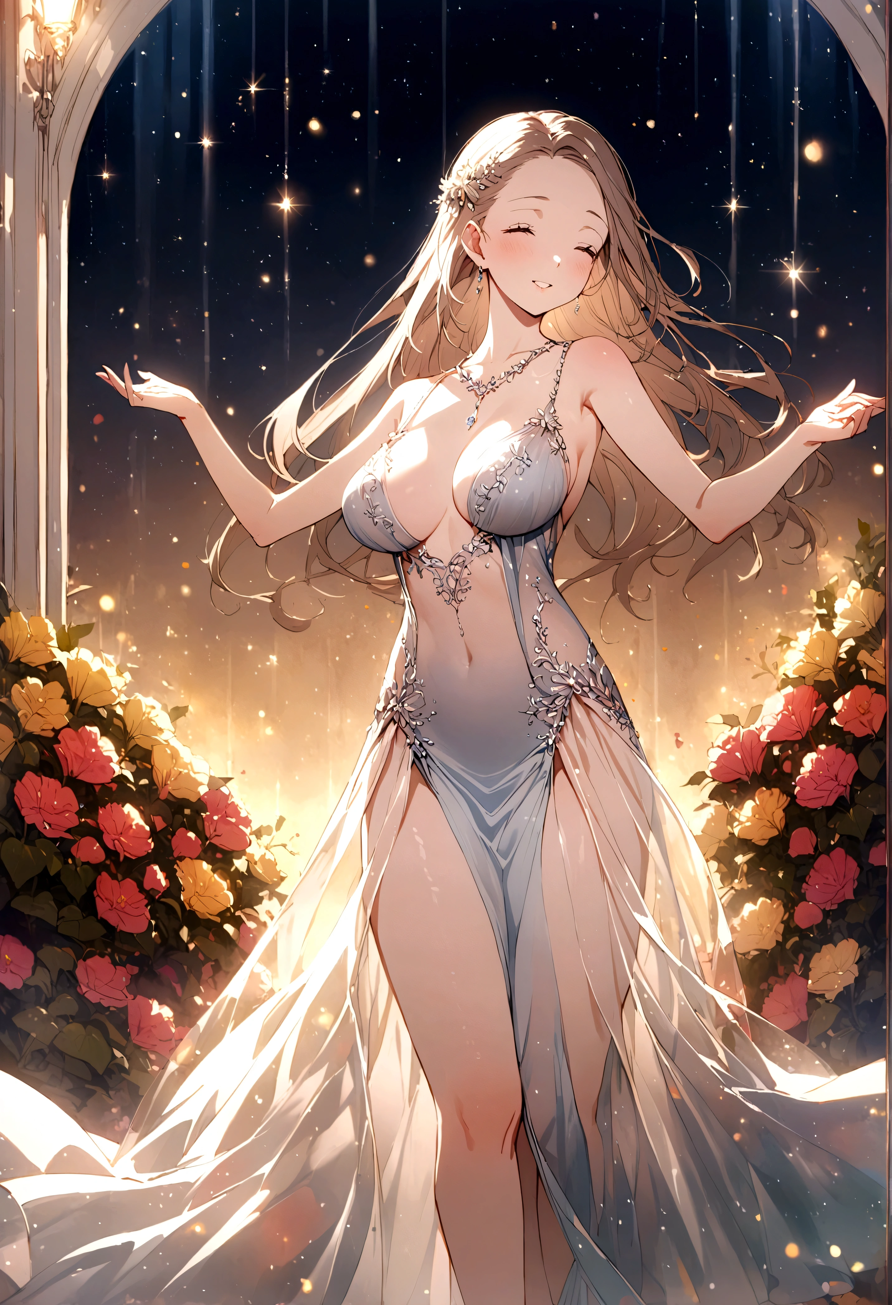 A lovely woman (sheer shimmering over exposed evening dress, safe for work), dancing and enjoying herself in a gala full of bright flowers, fairyland