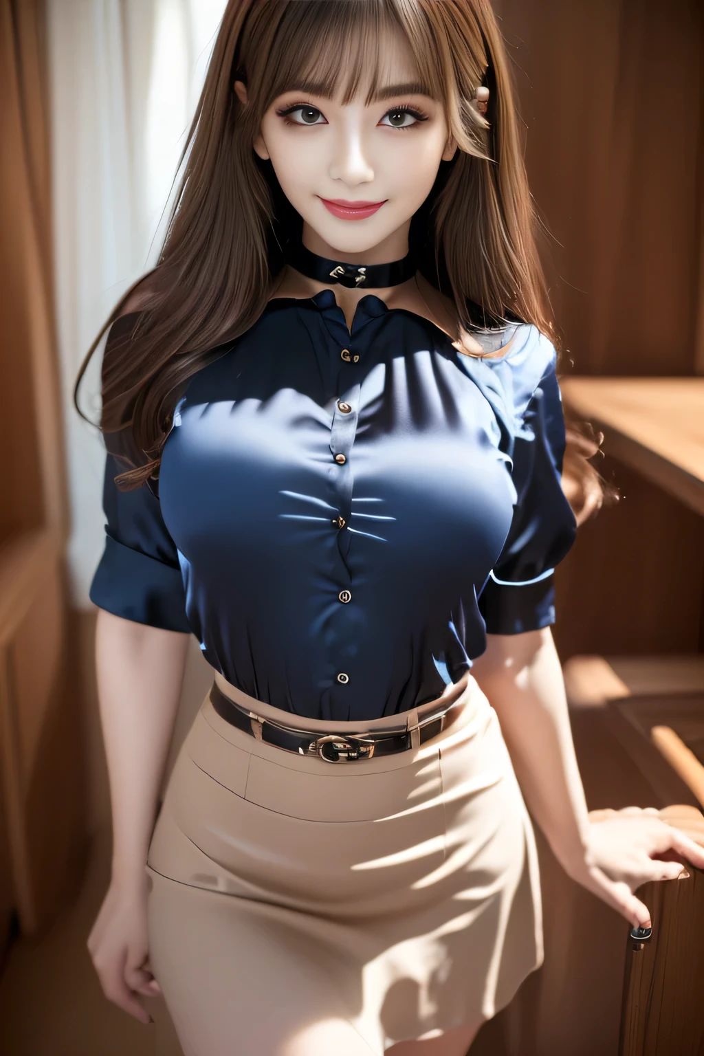 ((Highest quality, 8k, Representative works in detail, Ultra-high resolution)), (Looking at the audience), (Cowboy Shot), Attractive woman, ((Big Breasts)),  smile, ((Black Choker)), Slim figure, (Blue contacts), Long eyelashes, bangs, Beautiful shiny brown hair, Nogizaka idol, Slim face、((Satin shirt、Prea Skirt))、Dependents