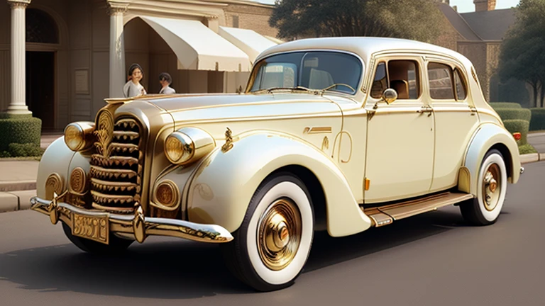 1800s style ivory gold AI American classic car、Packard 433、Panorama of the body、Woman in white dress standing next to the car、