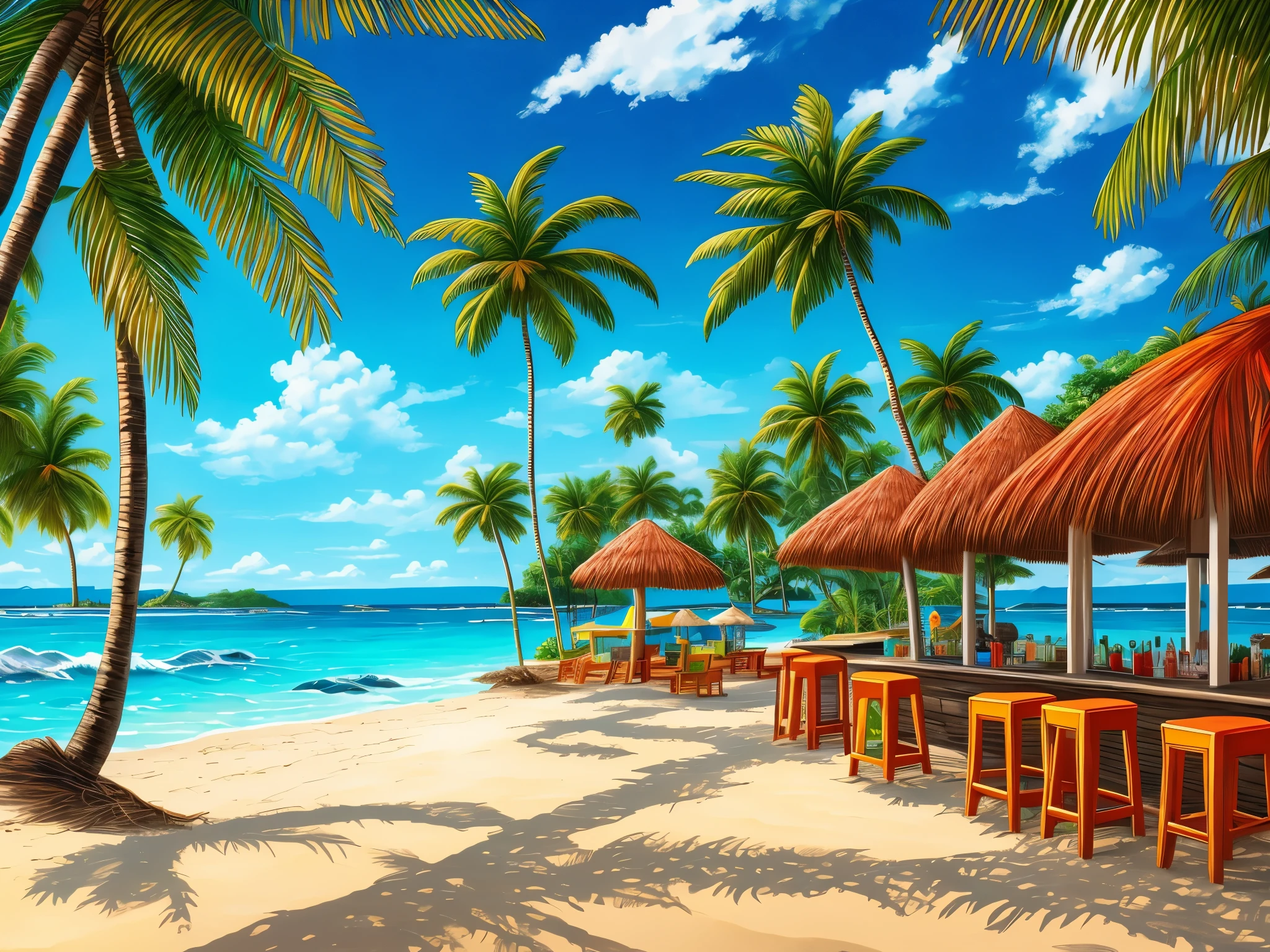 there are many stools on the beach near a bar, beach bar, beach setting, in a beachfront environment, bar, paradise in the background, overlooking the beach, caribbean, beautiful high resolution, carribean turquoise water, beachfront, a hyper realistic, jamaica, eye - level view, aruba, digitally painted, detailed scene, tropical paradise, background bar