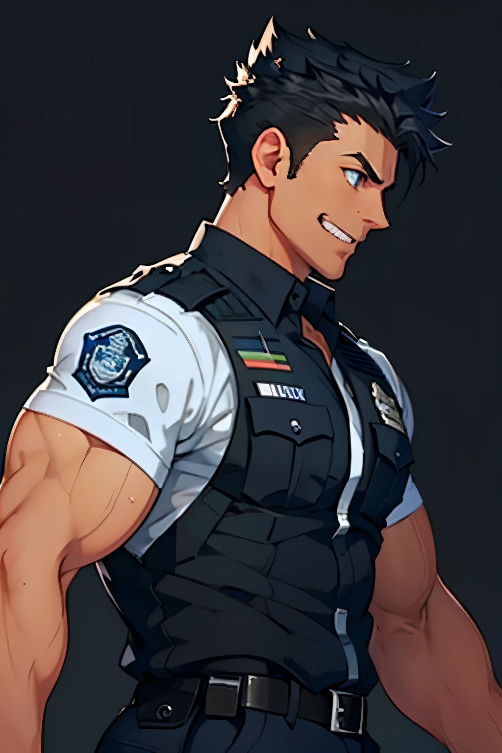 a handsome police officer with blue eyes, short black hair, wide grin, sexy pose, no background, side view