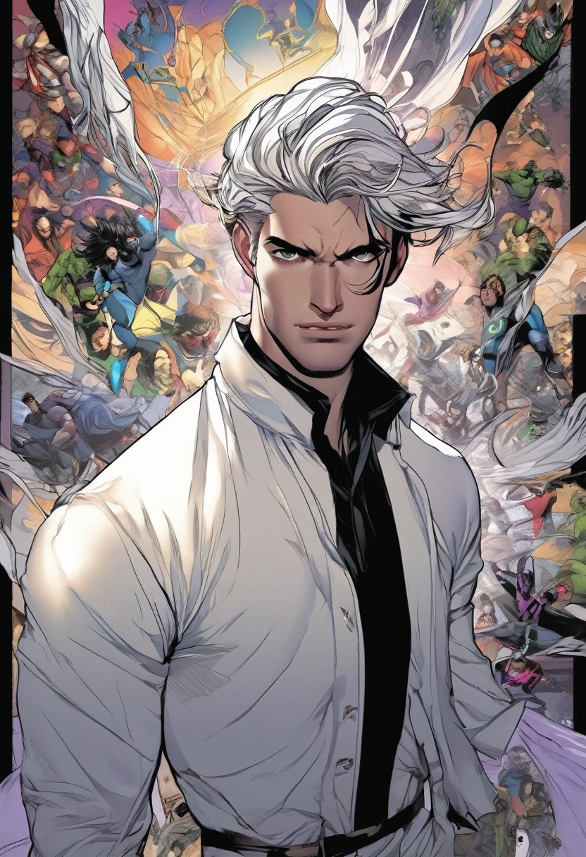 Personaje masculino bastante atractivo, cabello lacio y de color negro que llega a la altura de las mejillas, ojos afilados con iris gris, rasgos finos pero masculinos, too pale, con leve ojeras, portando una camisa blanca. Estilo Marvel comic. Estilo panel comic Marvel.