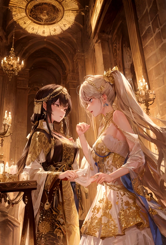 Make me a hybrid male king and female queen, elegant, expensive and colorful clothes, I want something elegant that represents the monarchy, they need to have animal ears and a delicate face, they need to have a tail and a serious face