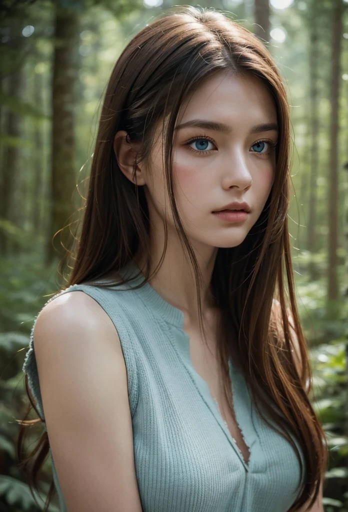 muted color, upper body, portrait of beautiful women, forest, looking over spruce forest, moody portrait, striking features, beauty, intricate details, dramatic composition, tension, wispy wide hair, blue eyes, contrast, texture, realism, high-quality rendering, stunning art, high quality, film grain, Fujifilm XT3, detailed skin, (freckled,acne:0.6)