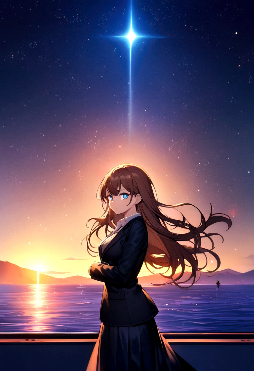(Highest quality)Double shots(man,brown hair,blue eyes,Black suit shirt,black pants)(woman,long hair,brown hair,blue eyes,sexy figure ,Black suit shirt,black skirt)look at the viewer,standing on the edge of the boat,Beautiful morning light(boat roof, overlooking the sea, Detailed background (little light pollution))
