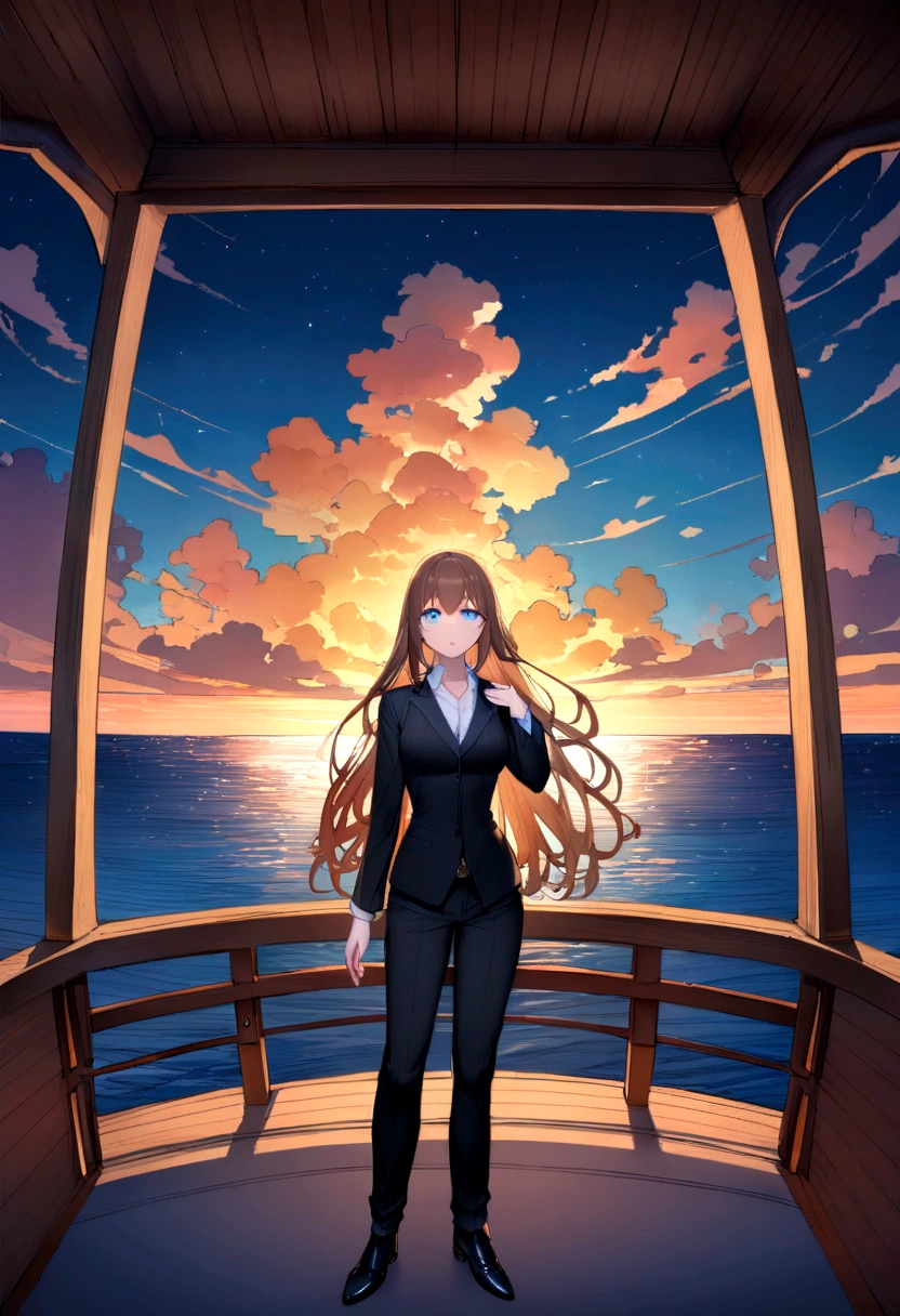 (Highest quality)Double shots(man,brown hair,blue eyes,Black suit shirt,black pants)(woman,long hair,brown hair,blue eyes,sexy figure ,Black suit shirt,black skirt)look at the viewer,standing on the edge of the boat,Beautiful morning light(boat roof, overlooking the sea, Detailed background (little light pollution))