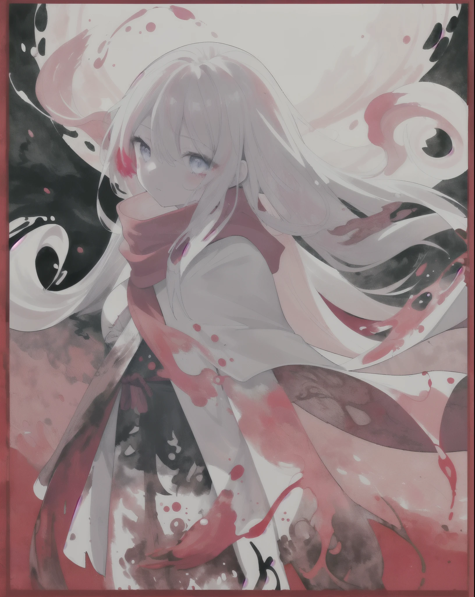 1 Girl,(蓝Long hair)),blue eyes,radish,Long hair,(loose Long hair),((White cape)),Pink scarf,Red moon in the sky,night,Red flowers fall,Upper Body,ruins,Strong shadows,Ash,fire,ice,((Ink wAsh painting)),((ink splAshing)),((color splAshing)),
