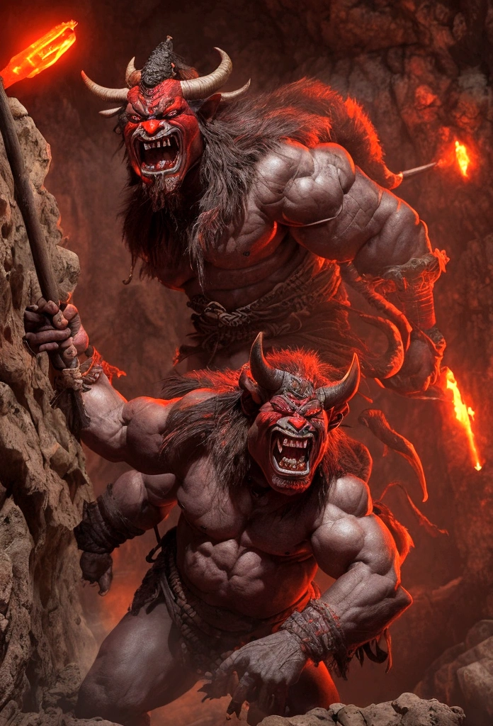 A realistic depiction of Oni in a cave near a village. The Oni is a giant with a terrifying appearance, red skin, horns, and a fierce expression. It is holding a large club and dressed in traditional Japanese clothing. The scene is dark and ominous, with shadows highlighting the Oni's features.