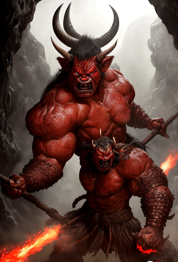 A realistic depiction of Oni in a cave near a village. The Oni is a giant with a terrifying appearance, red skin, horns, and a fierce expression. It is holding a large club and dressed in traditional Japanese clothing. The scene is dark and ominous, with shadows highlighting the Oni's features.