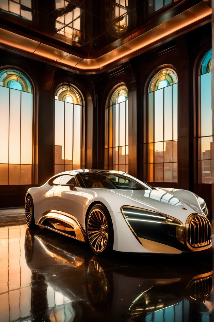 , Alphonse Mucha Style , in stained glass ,, white and brass science fiction hovering industrial luxury car by a downtown hotel, science fiction, cinematic lighting, night time, volumetric light, imax, dslr, highly detailed, volumetric fog, dystopian vibes, dutch angle, cinematic angle