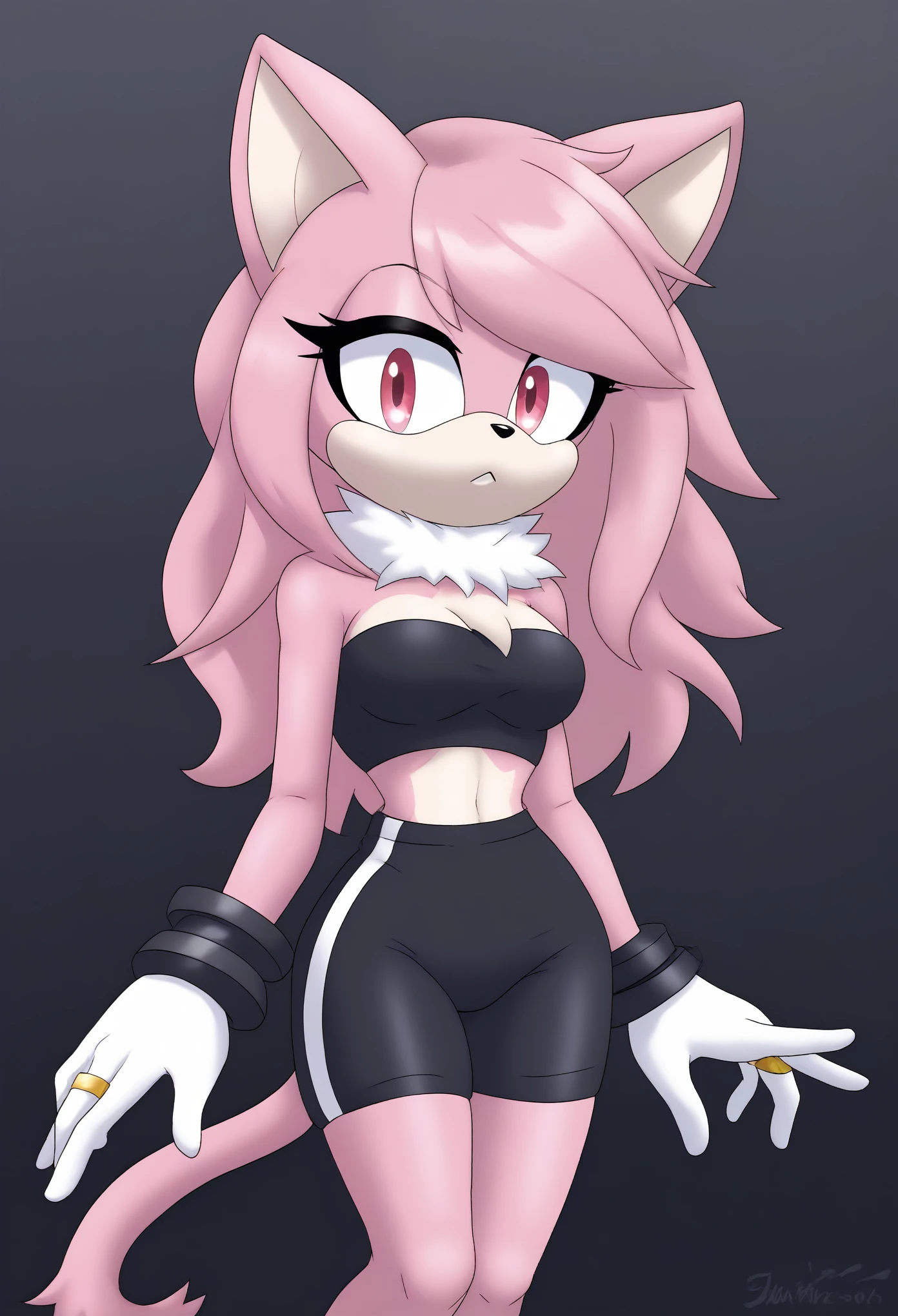 (1girl), (solo), Female Cat, pink fur, blonde hair, long hair, lower back length hair, large hair bangs, (side locks/quills over shoulders), red eyes, red patches of fur around eyes, (medium breasts), (small tuft of white chest fur around the neck area), (gray tube top), ((black yoga shorts)), white gloves with gold ring cuffs, eyelashes, tough expression, daytime, mobian, mobius city