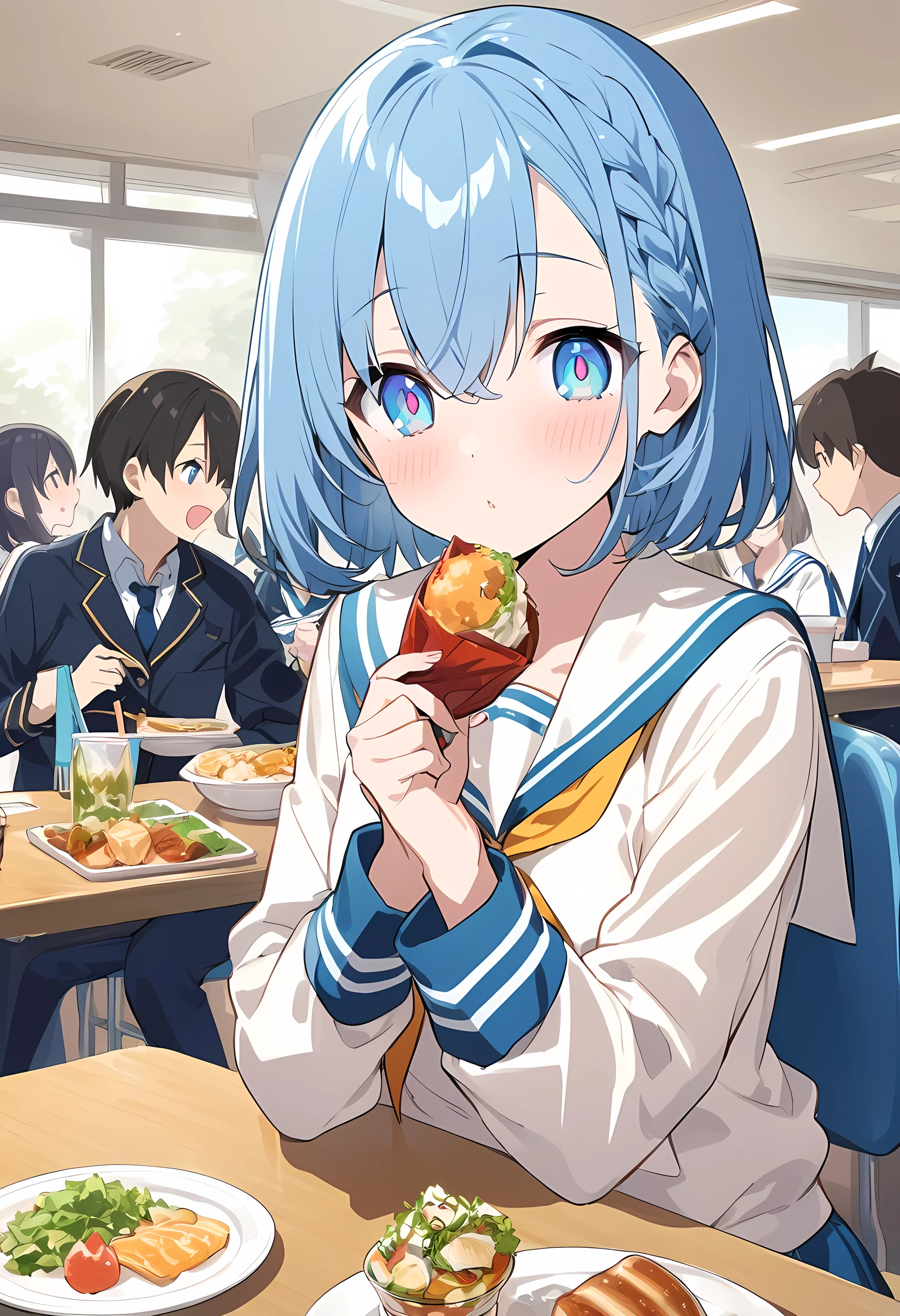 You are a professional illustrator。Please carefully check and draw the illustration according to the following conditions.。High school students enjoying their lunch in a crowded cafeteria、Delicate and beautiful anime face、Clear Eyes、Sailor suit、Braided short hair、