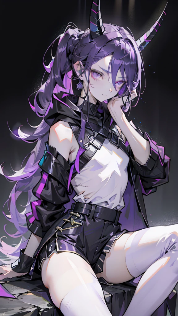 cheerful boy with open forehead. dark purple hair braided in a ponytail on the left side to one side. sinuous black horns wrapped in dark purple ribbon. pale violet eyes. in short dark purple shorts. long white T-shirt. dark purple knee-high socks. white long robe with hood. black limit stone walls purple light from lamps sitting on a bench with golden ornaments