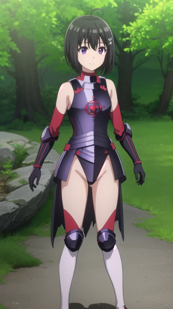 bofuriMaple, Maple, short hair, bangs, Black Hair, hair ornaments, (Purple eyes:1.1), Ahoge, Bobcut, smile,
break thighhighs, gloves, Bare shoulders, boots, black gloves, elbow gloves, armor, Red knee socks, black armor,white lace panties,
break outdoors, forest, nature, null, sun, cloud,
break looking at viewer, ,
break masterpiece ,8k unity wallpaper,anime key visual,highest quality, High resolution,  (shape:0.8),anime coloring,
highly detailed face, detailed eyes,growing eyes,shiny skin,fine skin,white skin,dense skin,detailed hair,highly detailed legs,
perfect lighting, Detailed CG, 
(perfect hands, perfect anatomy),High resolution,
Break slender limbs, delicate curves, dainty hands,figure:0.8,