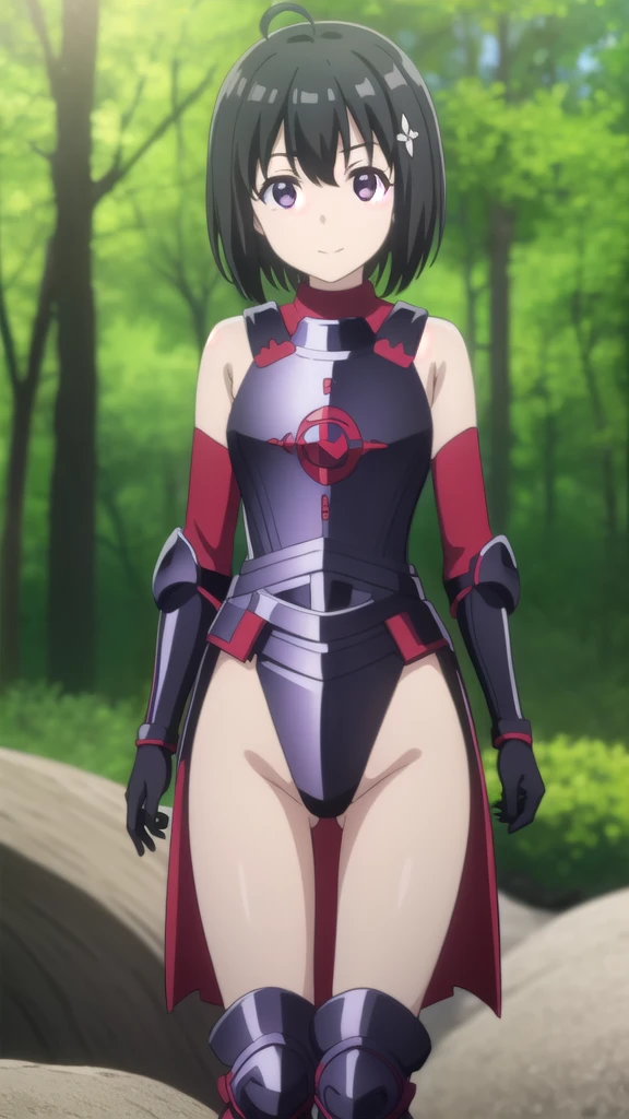 bofuriMaple, Maple, short hair, bangs, Black Hair, hair ornaments, (Purple eyes:1.1), Ahoge, Bobcut, smile,
break thighhighs, gloves, Bare shoulders, boots, black gloves, elbow gloves, armor, Red knee socks, black armor,white lace panties,
break outdoors, forest, nature, null, sun, cloud,
break looking at viewer, ,
break masterpiece ,8k unity wallpaper,anime key visual,highest quality, High resolution,  (shape:0.8),anime coloring,
highly detailed face, detailed eyes,growing eyes,shiny skin,fine skin,white skin,dense skin,detailed hair,highly detailed legs,
perfect lighting, Detailed CG, 
(perfect hands, perfect anatomy),High resolution,
Break slender limbs, delicate curves, dainty hands,figure:0.8,