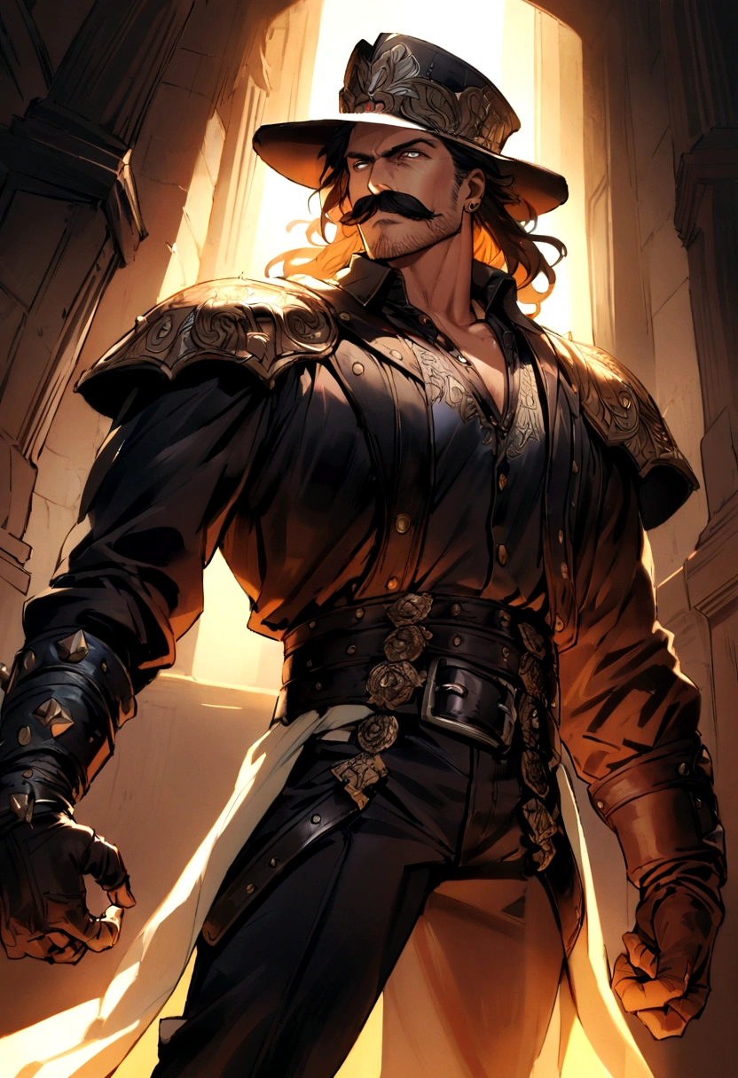 Make a man with a rugged and charismatic appearance, his posture should be heroic and commanding. He is approximately 35 years old. His face shows determination and rugged beauty, with piercing eyes that have seen many battles. He wears a mustache that added to his authoritative appearance. The outfit consists of the iconic leather hat adorned with metal spikes, a symbol of the cangaço bandits, a long-sleeved dress shirt, and pants tucked into high leather boots. . 
Cinema-style lighting would cast dramatic shadows and highlights on Lampião, enhancing the heroic and legendary aura that surrounds him.