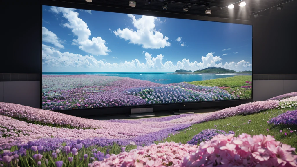 This big TV screen is set up in the sea of flowers ,3d,OC Renderer,High quality local rendering, Clean 3D Rendering,Hyper-realistic 3D rendering