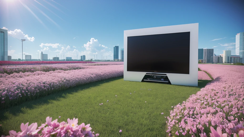This big TV screen is set up in the sea of flowers ,3d,OC Renderer,High quality local rendering, Clean 3D Rendering,Hyper-realistic 3D rendering