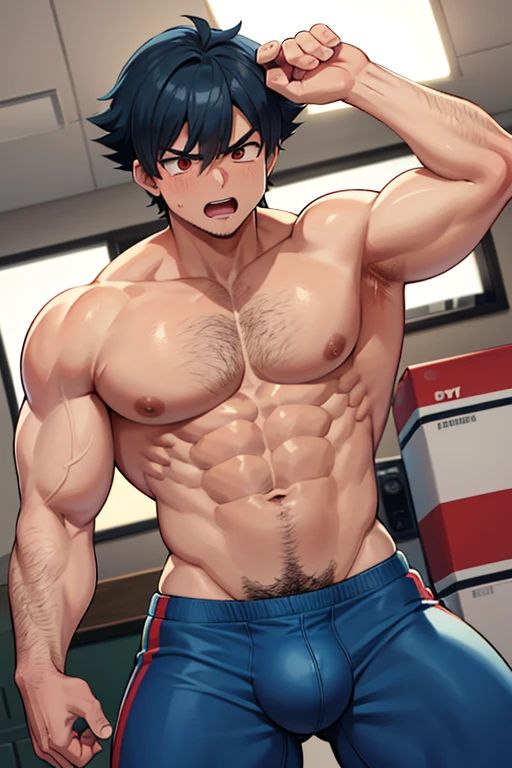 Ash Ketchum and from Pokémon flexing his biceps in a coach's office at the coach's orders under hypnosis with glowing red eyes as he grows into big dumb sweaty hairy muscular football jock bro. Hyper muscles. Massive muscles. Big biceps. Big triceps. Big traps. Broad shoulders. Big pecs. Bulging crotch. Hyper crotch bulge. Dumber and dumber. Blank stare with open mouth while saying, "I am a dumb jock.... I obey.... Dumber and dumber.... Yes, Coach.... Huhuhuhuh...." Slumped shoulders. Hypnosis. Brainwashing. Bigger and dumber jock bros. Assimilation. Transformation into big dumb muscular jock bro. Slumped shoulders. Massive crotch bulge. Bulging glutes. Thick stubble. Hairy armpits. Repeating triggers to be dumber and dumber each time they say them to think and focus only on growing muscle and being the perfect football jocks. Dimwit. Dullard. Bro. Stupid. Musclehead. Mass hypnosis. Entranced.