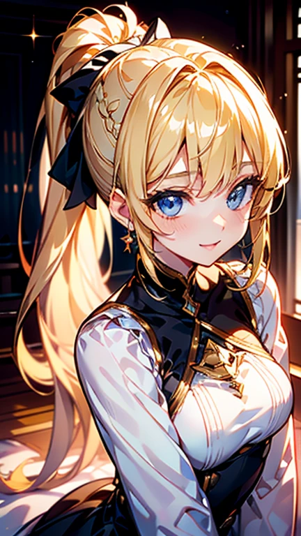 High quality, Best quality , masterpiece, Portrait、、Bright expression、ponytail、Young, shiny, white, glossy skin、Gloss Face、Shining Cheek Gloss、Small Face Beauty、The best beauty、The dazzling light of blonde hair、Bright blonde hair with dazzling highlights、Very beautiful shiny light blonde hair、super long silky straight hair、Her shiny, beautiful bangs are covering her eyes.、Sparkling, clear, attractive, bright, large, pale blue eyes、Very big eyes、eyeliner、very beautiful lovely cute 16 year old girl、young girl, Ample Bust, upper body , (smile:1.2) , (((knit, ponytail )))), in room , medium breast , full body , no sleeve , at top of tower, background night many birding