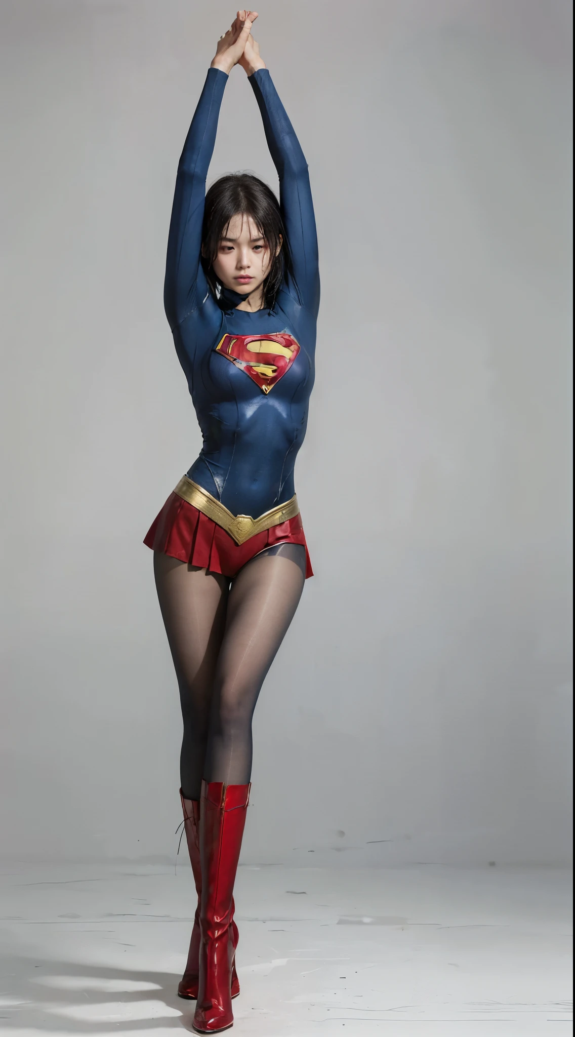 No background、extinct、She always has a troubled look on her face、Always close your eyes、Keep your arms up at all timesおく、Keep your arms up at all times、(((Beautiful legs in black tights.)))、(((Stretch your legs、expensive、あなたのsufferingを合法的に表現する)))、((((Make the most of your original images)))、(((Supergirl Costume)))、(((Beautiful short bob hair)))、(((suffering)))、(((Black tights legs、Wear red boots)))、((Best image quality、8k))、((Highest quality、8k、masterpiece:1.3))、(((Preserve background )))、Sharp focus:1.2、Beautiful woman with perfect figure:1.4、Slim Abs:1.2、Wet body:1.5、Highly detailed face and skin texture、8k