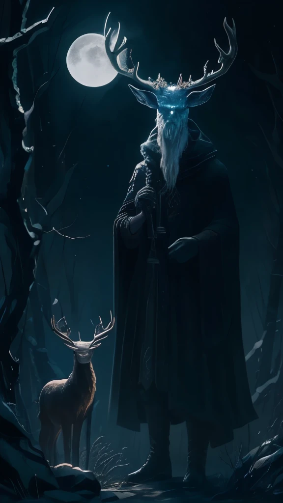 painting of a man with a deer and a moon in the background, a surrealist painting by lovecraft, tumblr, gothic art, horned god, heilung, goddess of the hunt and the moon, celtic antlered god, cernunnos, ancient antler deity, pagan goddess, wendigo, the wendigo, just art for dark metal music
