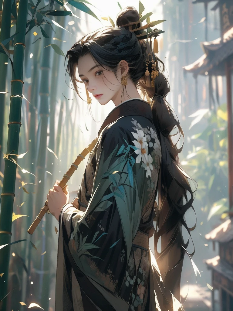A close-up of a boy in a bamboo forest, long black hair, ponytail, green headdress, carrying a lantern, bamboo leaves falling, hazy smoke, green Hanfu,23 year old boy,1boy,cute 23 year old boy,professional boy photo, photo of boy 23 years old, thin boy,mature beautiful face,fair skin,super scale, 24k,hdr,perfect body boy,blush, holding big folding fan,Chinese style 