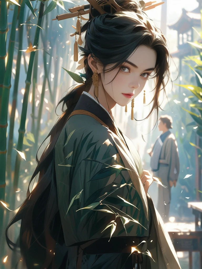 A close-up of a boy in a bamboo forest, long black hair, ponytail, green headdress, carrying a lantern, bamboo leaves falling, hazy smoke, green Hanfu,23 year old boy,1boy,cute 23 year old boy,professional boy photo, photo of boy 23 years old, thin boy,mature beautiful face,fair skin,super scale, 24k,hdr,perfect body boy,blush, holding big folding fan,Chinese style