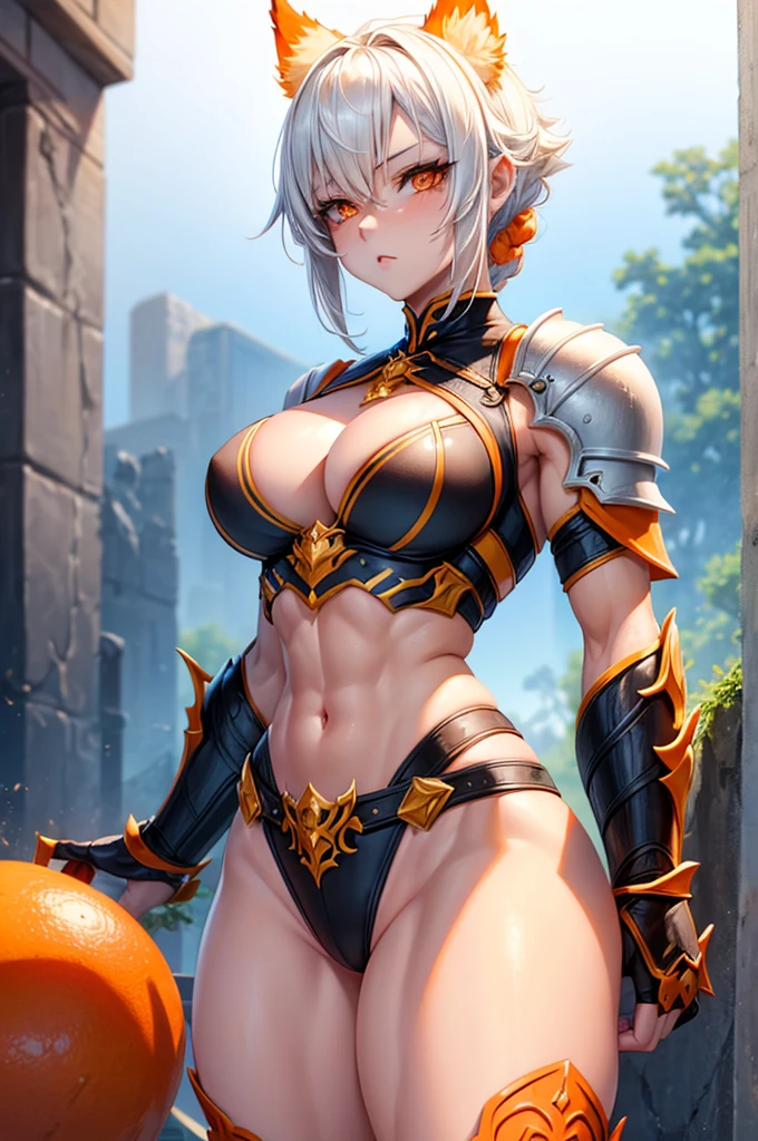 beautiful woman with short white hair, orange inferno eyes, wolf ears and a braided ponytail. She is wearing a revealing, sexy, fantasy knight armor with legplates. Her body is muscular and she is incredibly sexy. Her eyes are orange. She has strong, muscular arms and thick thighs. Wide hips.