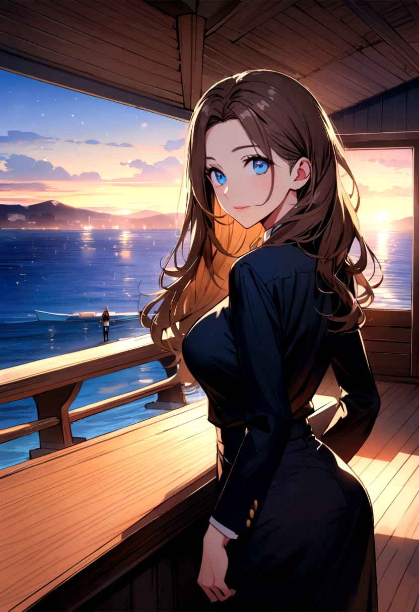 (Highest quality)Picture of mother and son, teenage boy,brown hair,blue eyes,Black suit shirt,middle aged woman,long hair,brown hair,blue eyes,sexy figure ,Black suit shirt,black skirt,Turn to look at the viewer,standing on the edge of the boat,Beautiful morning light(boat roof, overlooking the sea, Detailed background (little light pollution)) look back